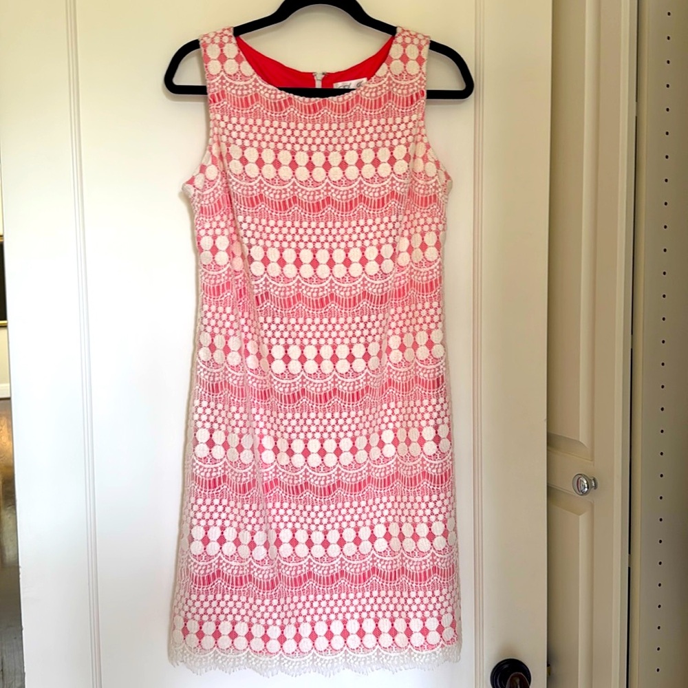 Eliza J crochet lace overlay sheath dress in coral sleeveless eyelash